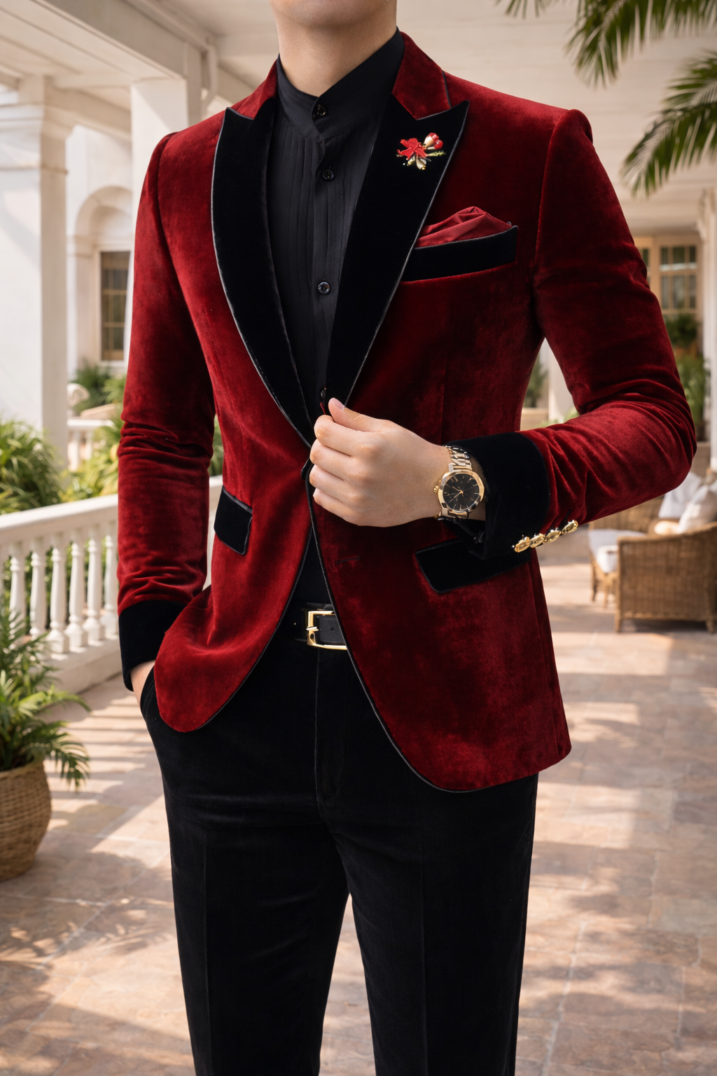 Anderson | Velvet Tailored Blazer with Contrast Lapel and Single Button Closure — Red, image 1