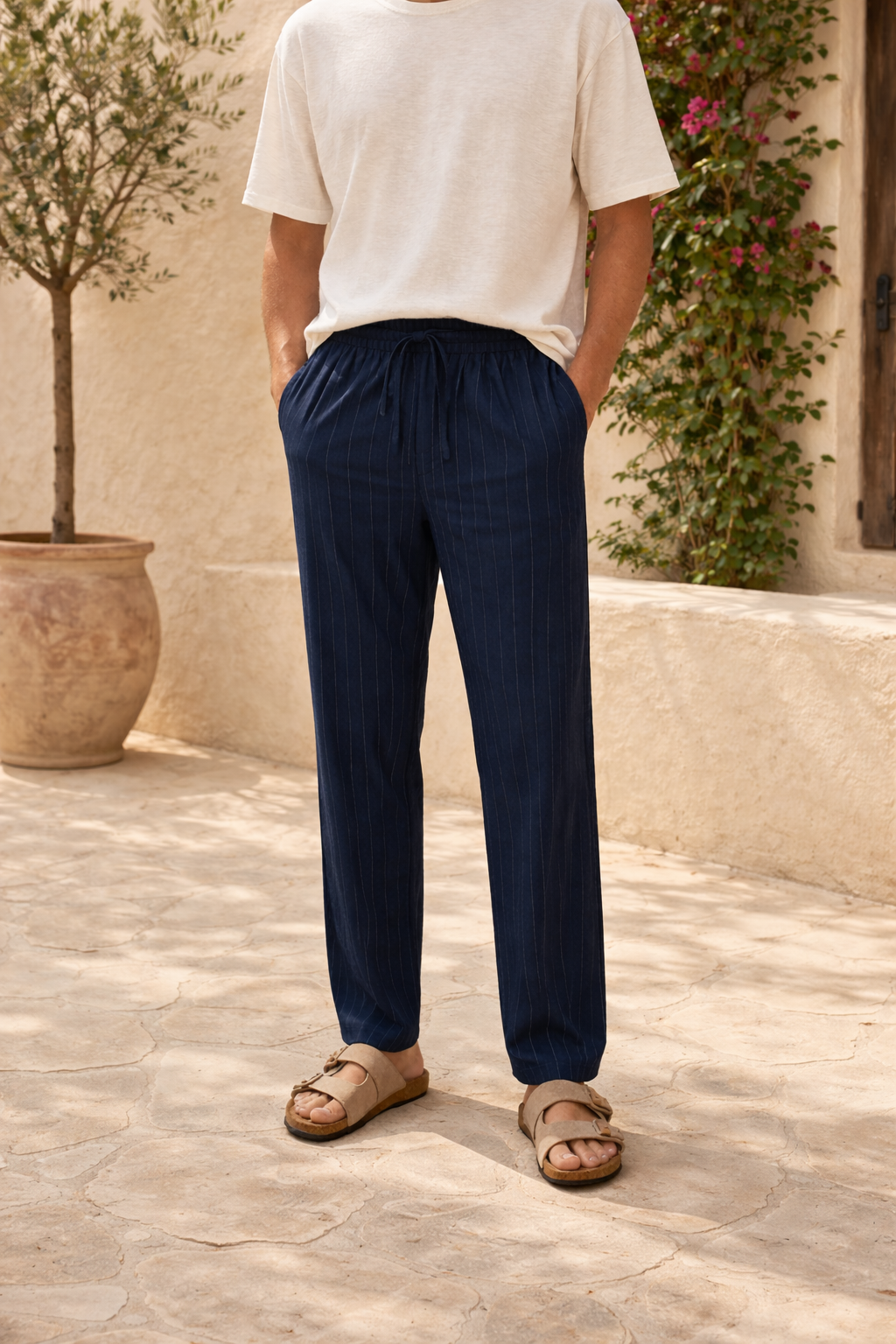 Austin | Men’s Vertical Stripe Linen Drawstring Trousers Relaxed Fit Lightweight — Navy, image 1