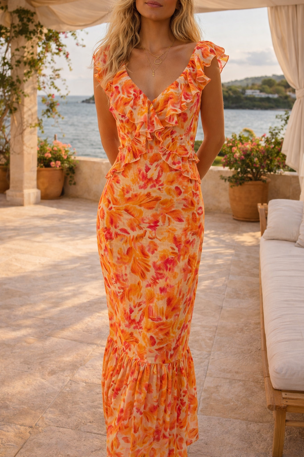 Beatrix | Ruffle Trim Sleeveless Maxi Dress with V-Neck — Orange, image 1