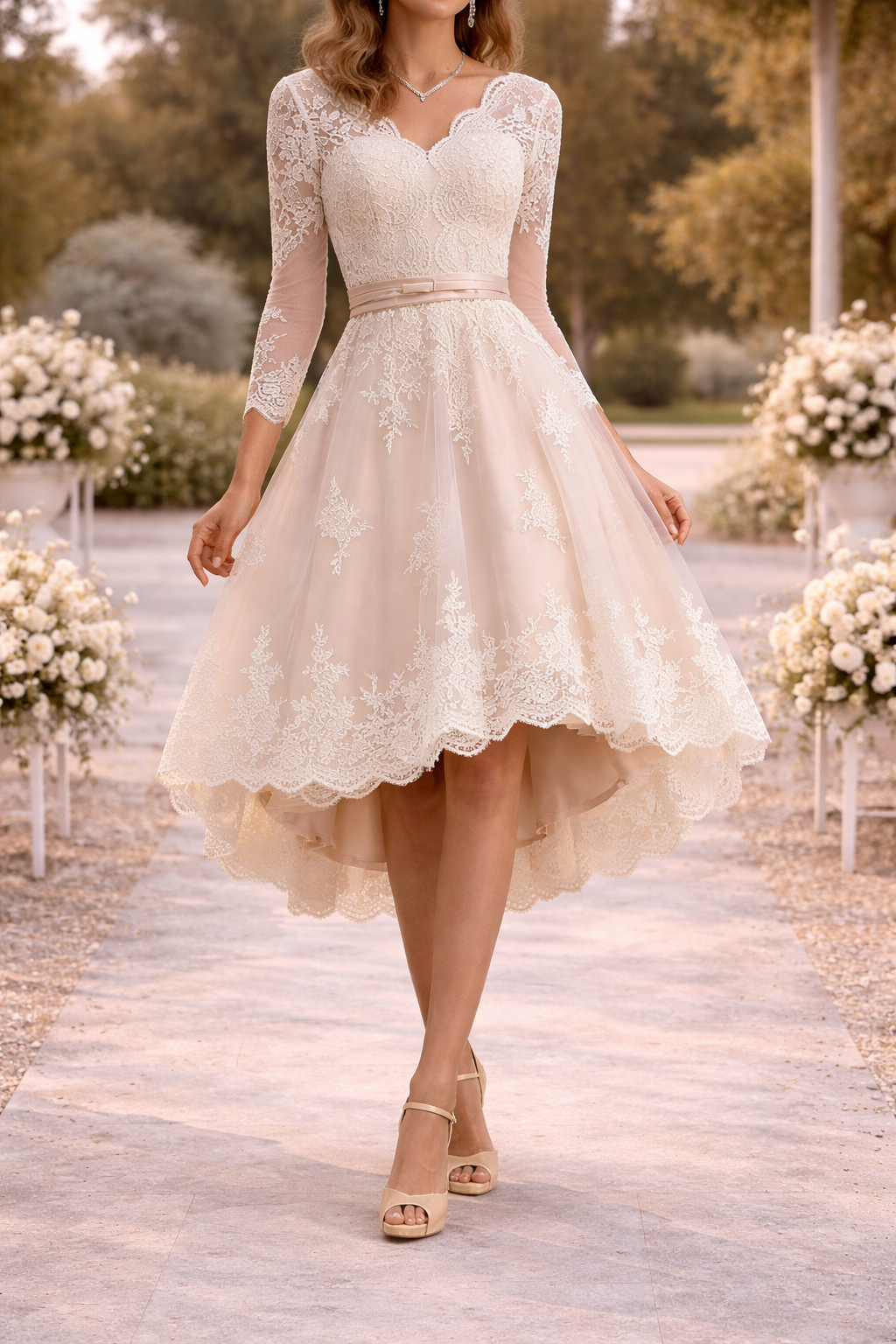 Elsie | Lace Bodice High Low Midi Wedding Dress — White, image 1