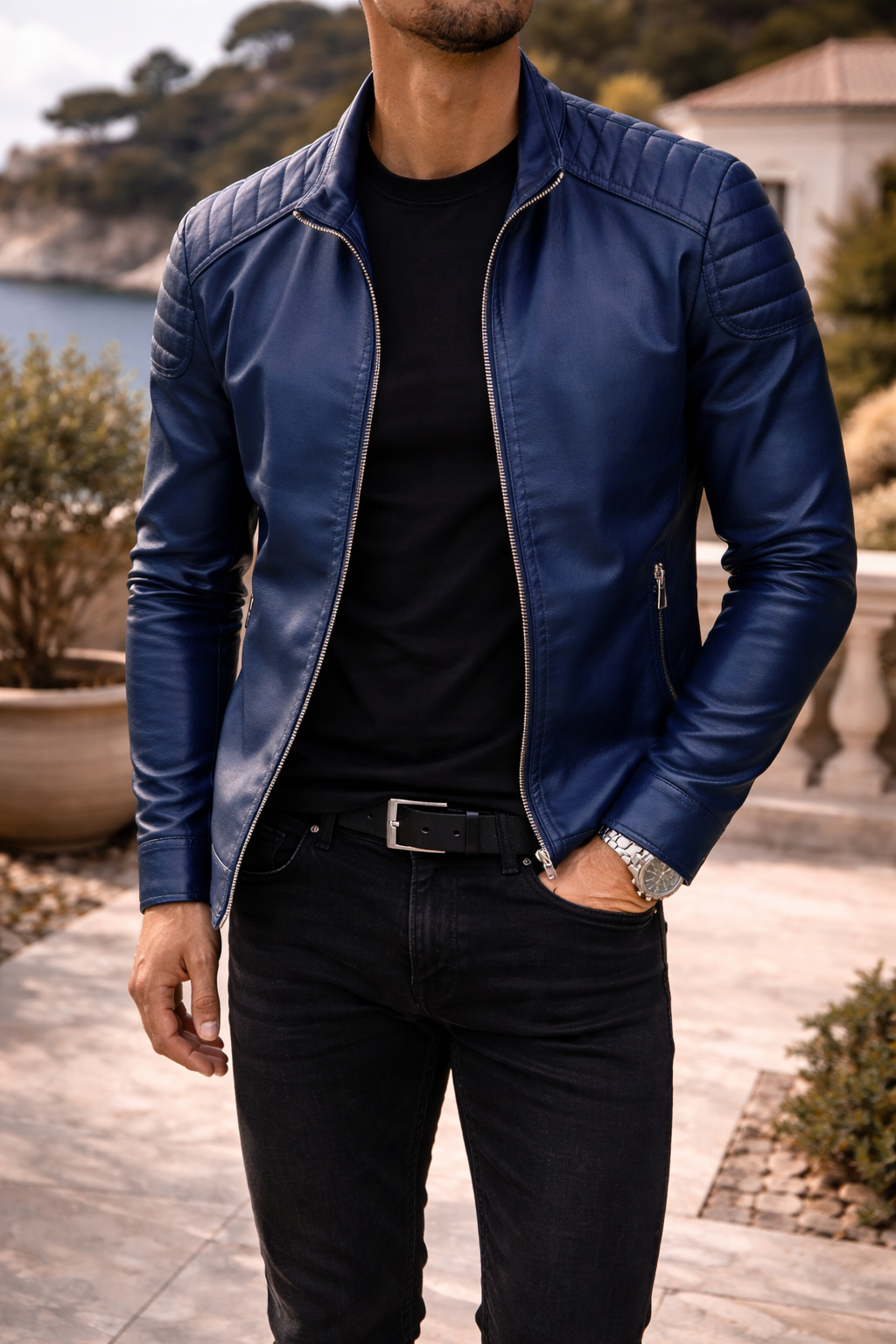 Harrison | Men’s Zip Up Leather Jacket — Blue, image 1