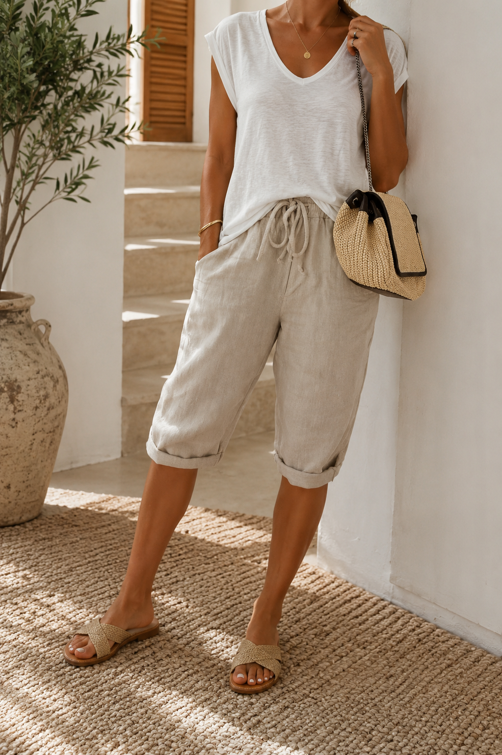 Julia | Women's Loose Fit Casual Shorts — Khaki, image 1