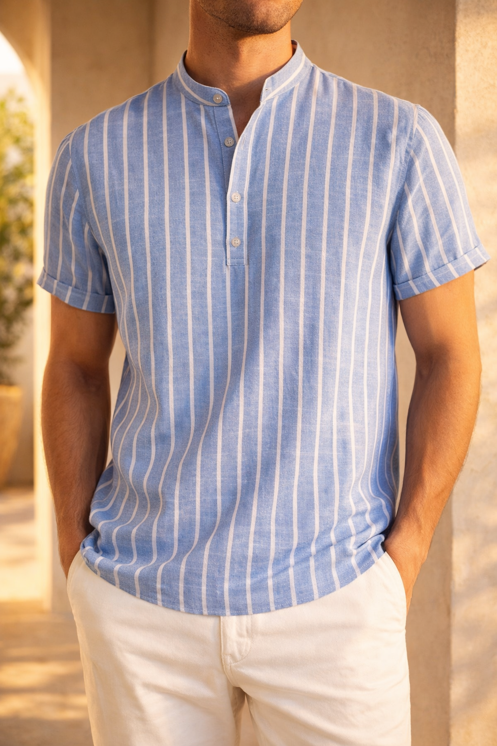 Ronnie | Men’s Short Sleeve Band Collar Shirt Striped Cotton Linen Blend — Blue, image 1