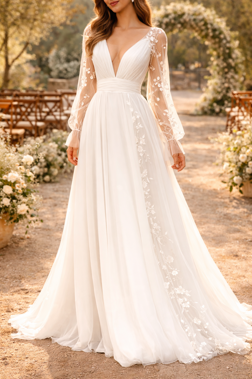 Samantha | Long Sleeve Embroidered Chiffon Maxi Wedding Dress — White, image 1