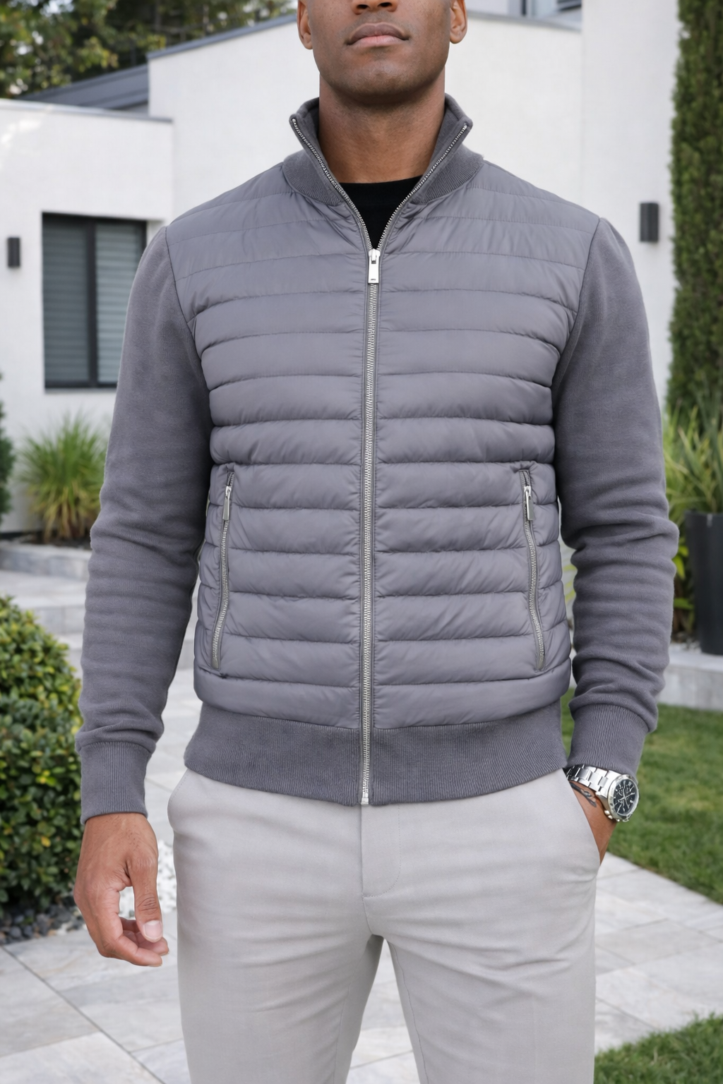 Toby | Men’s Quilted Zip Front Bomber Jacket — Gray, image 1