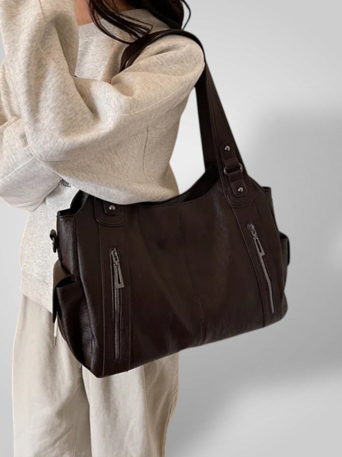 Faux Leather Shoulder Bag with Metal Accents