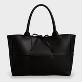 Panel-Stitched Faux Leather Tote with Bow Detail