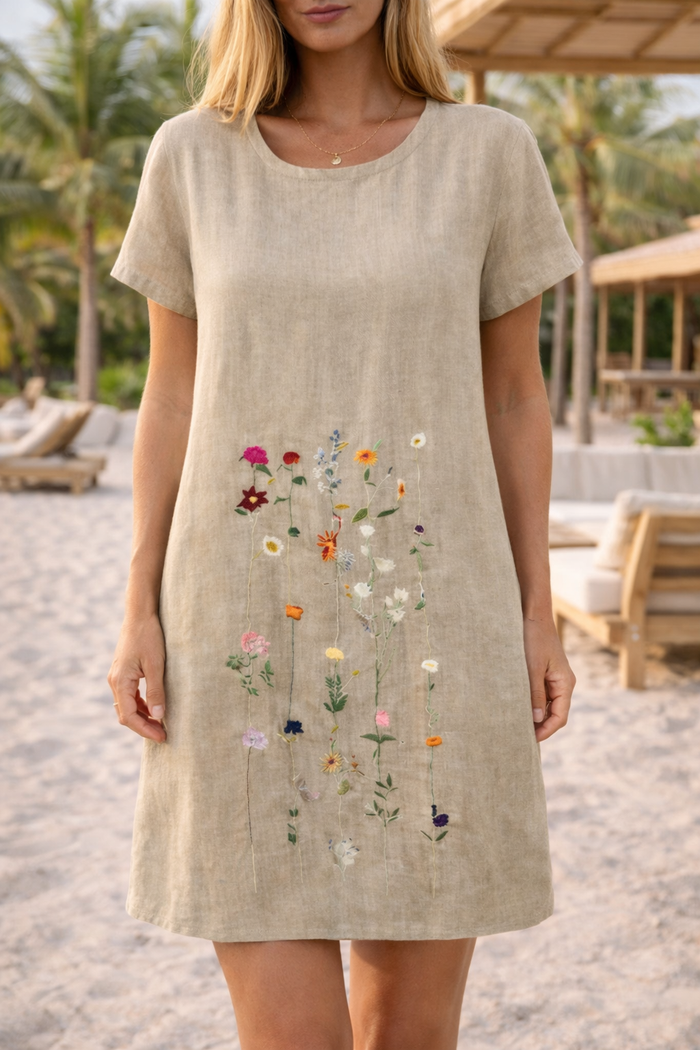 Agatha | Short Sleeve Embroidered Mini Shift Dress with Round Neck — Beige, image 1
