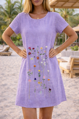 Agatha | Short Sleeve Embroidered Mini Shift Dress with Round Neck — Purple, image 2