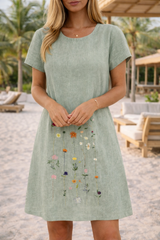 Agatha | Short Sleeve Embroidered Mini Shift Dress with Round Neck — Green, image 3