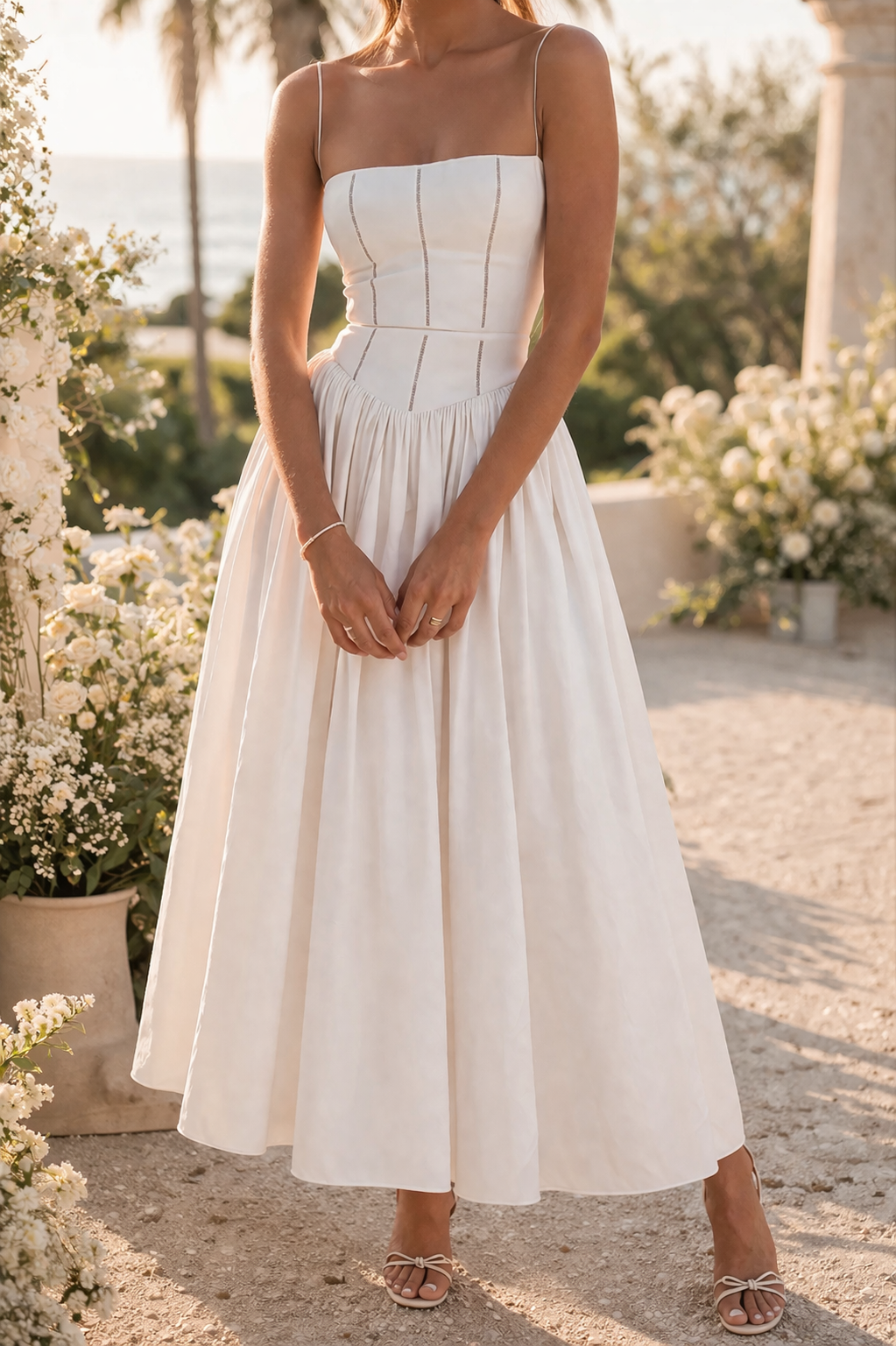 Alba | Structured Strap Midi Wedding Guest Dress with Full Skirt — White, image 1