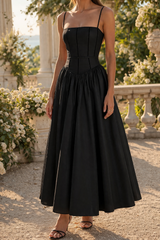 Alba | Structured Strap Midi Wedding Guest Dress with Full Skirt — Black, image 2