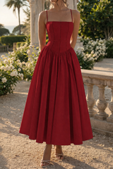 Alba | Structured Strap Midi Wedding Guest Dress with Full Skirt — Red, image 3
