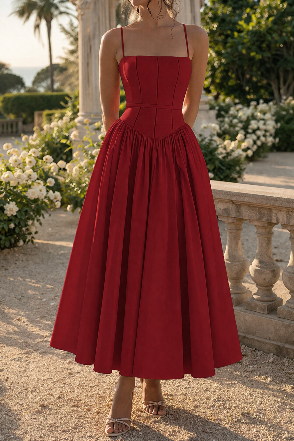Alba | Structured Strap Midi Wedding Guest Dress with Full Skirt — Red, image 3