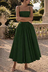 Alba | Structured Strap Midi Wedding Guest Dress with Full Skirt — Green, image 4