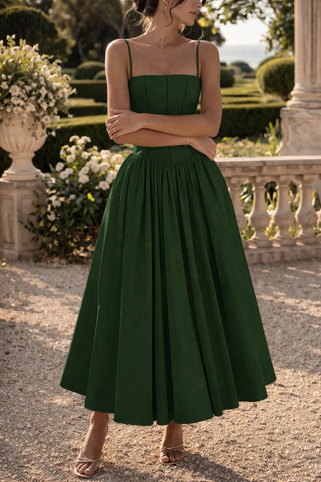 Alba | Structured Strap Midi Wedding Guest Dress with Full Skirt — Green, image 4