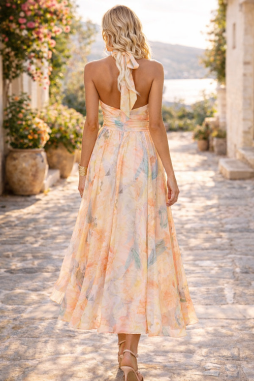 Alicia | Halter Neck Pleated Floral Print Maxi Dress — image 2