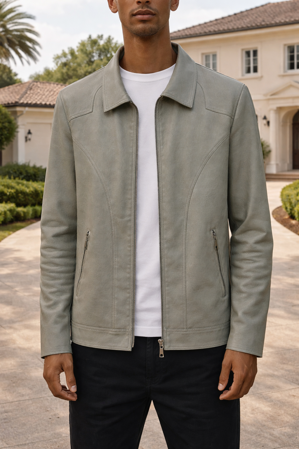 Alistair | Men’s Leather Zip Jacket Classic Collar Casual Outerwear — Green, image 1