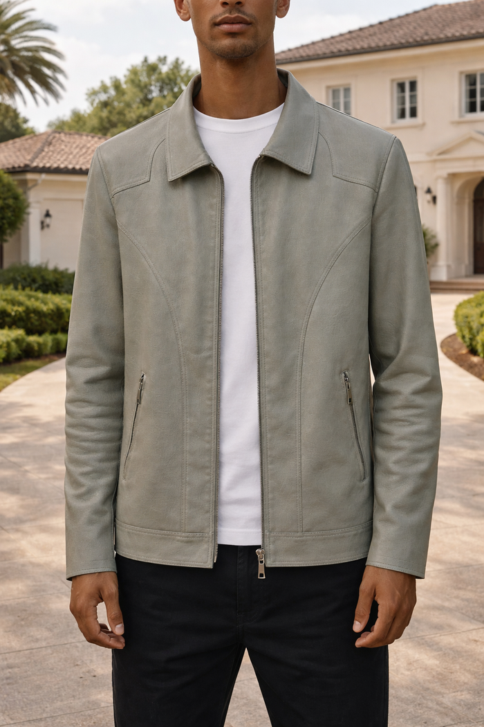 Alistair | Men’s Leather Zip Jacket Classic Collar Casual Outerwear — Green, image 1