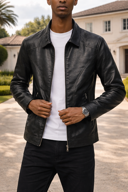Alistair | Men’s Leather Zip Jacket Classic Collar Casual Outerwear — Black, image 2