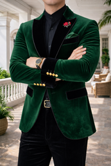 Anderson | Velvet Tailored Blazer with Contrast Lapel and Single Button Closure — Green, image 2