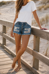 Anna | Women's Ripped Denim Shorts — Dark Blue, image 3