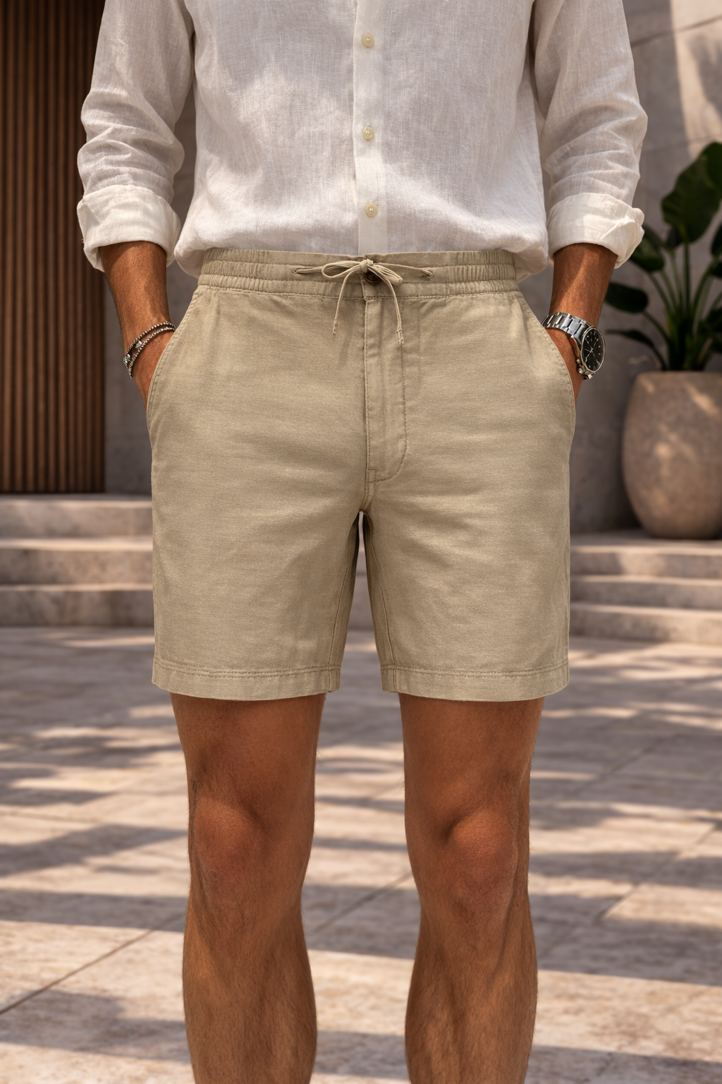 Arthur | Men’s Cotton Blend Drawstring Casual Shorts — Beige, image 1