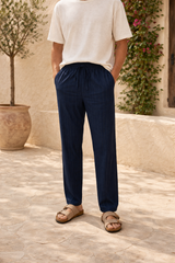 Austin | Men’s Vertical Stripe Linen Drawstring Trousers Relaxed Fit Lightweight — Navy, image 1