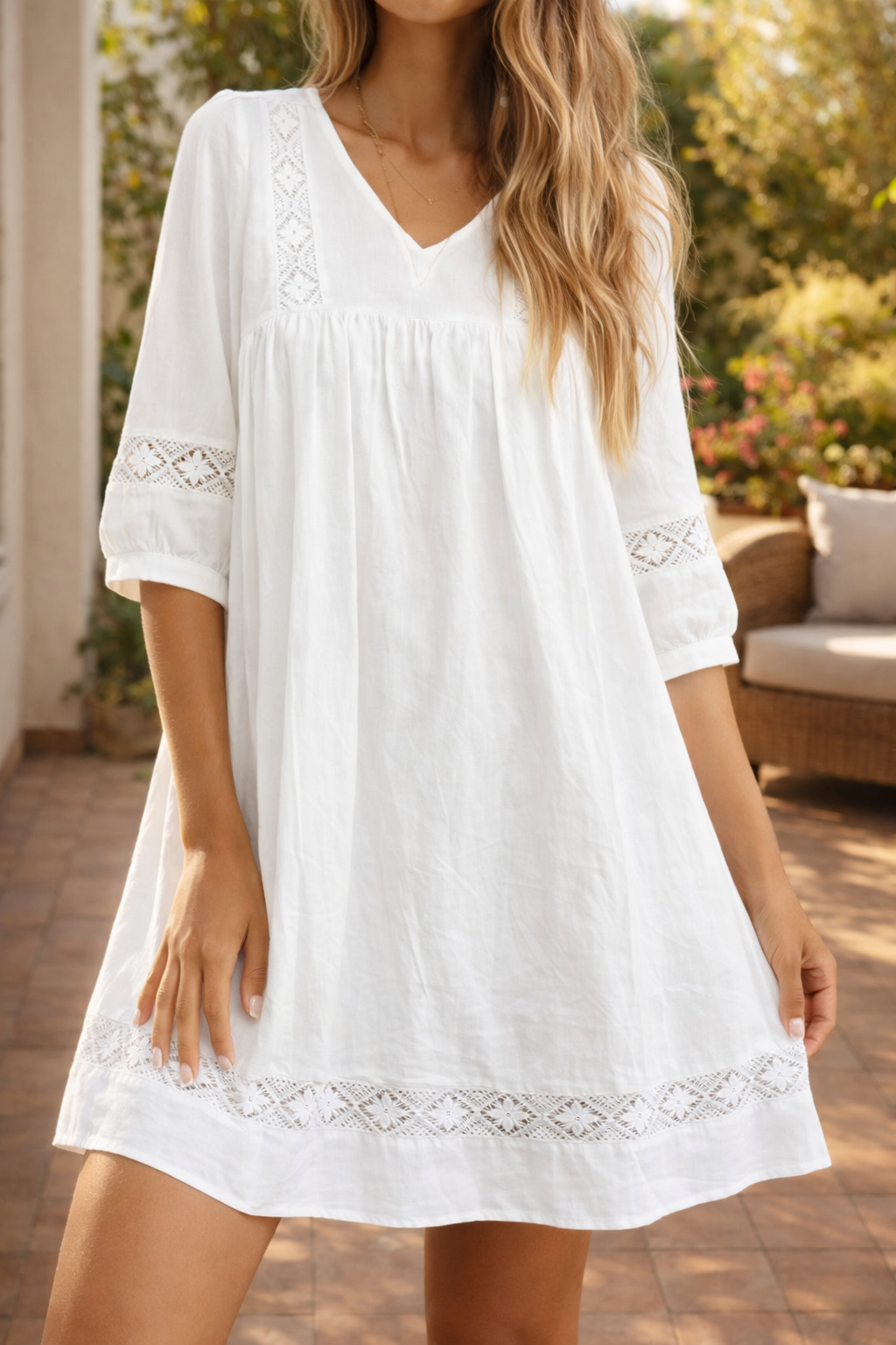 Autumn | V-Neck Lace Trim Smock Mini Dress with Three Quarter Sleeves — White, image 1