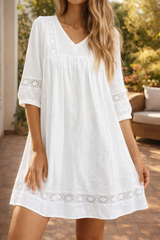 Autumn | V-Neck Lace Trim Smock Mini Dress with Three Quarter Sleeves — White, image 1