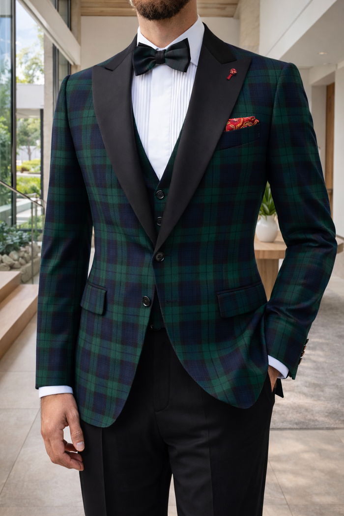 Basil | Tartan Pattern Tailored Blazer with Contrast Lapel and Single Button Closure — Green, image 1