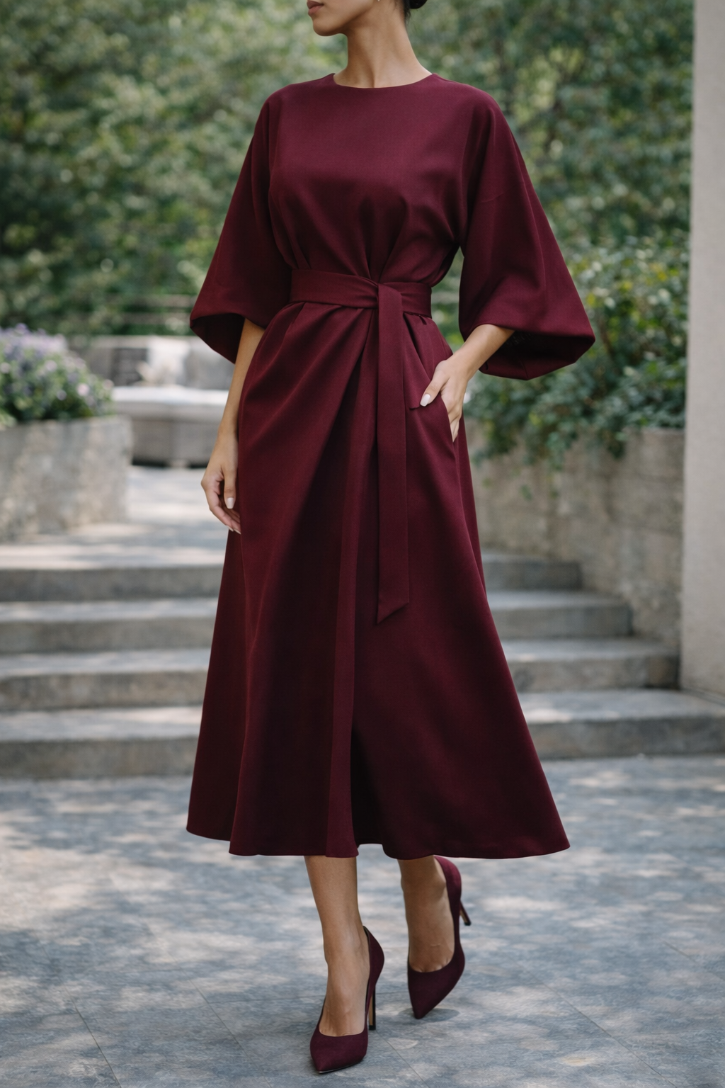 Beatrice | Women Belted Midi Dress — Burgundy, image 1