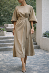Beatrice | Women Belted Midi Dress — Beige, image 4