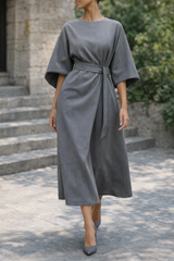 Beatrice | Women Belted Midi Dress — Gray, image 5