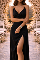 Billie-Rose | Cowl Neck Maxi Slip Wedding Guest Dress with Spaghetti Straps and Side Split — Black, image 4