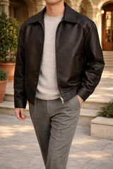 Bobby | Men’s Leather Bomber Jacket Zip Front Elastic Hem Casual Outerwear — Brown, image 2
