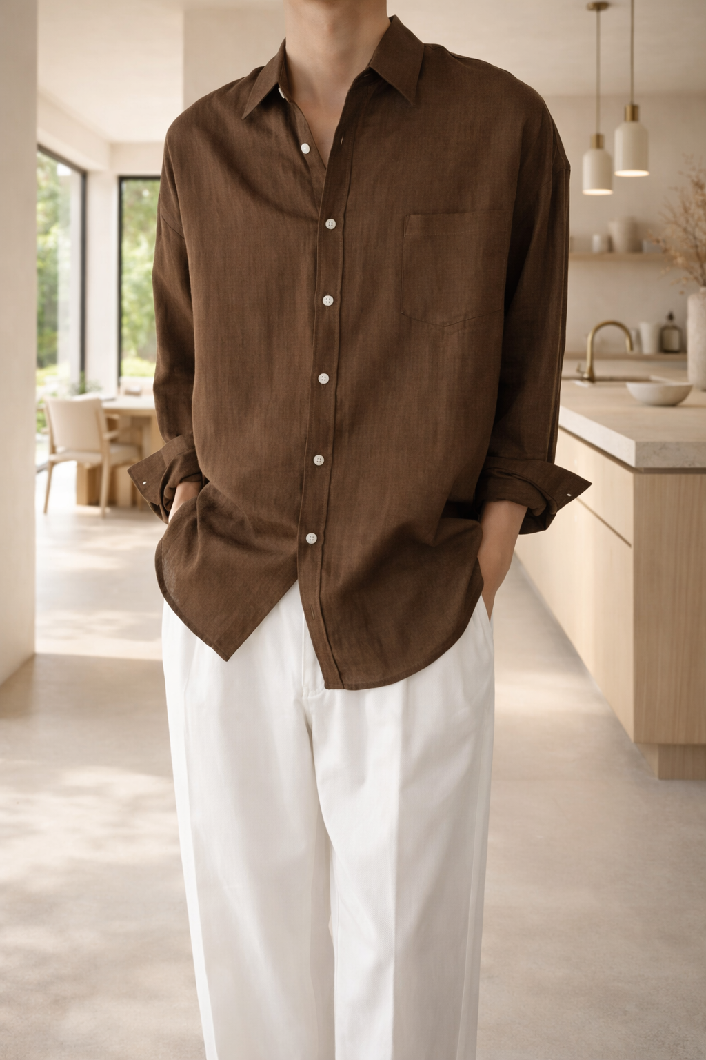 Bradley | Men’s Linen Blend Long Sleeve Shirt with Button Front — Chocolat Brown, image 1