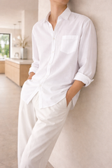 Bradley | Men’s Linen Blend Long Sleeve Shirt with Button Front — White, image 2