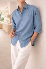 Bradley | Men’s Linen Blend Long Sleeve Shirt with Button Front — Light Blue, image 3