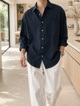 Bradley | Men’s Linen Blend Long Sleeve Shirt with Button Front — Navy, image 4