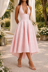 Brooklyn | Halter Neck Jacquard Midi Wedding Guest Dress — Pink, image 1