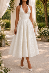 Brooklyn | Halter Neck Jacquard Midi Wedding Guest Dress — White, image 2