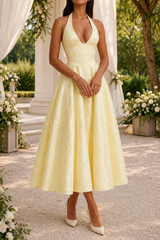 Brooklyn | Halter Neck Jacquard Midi Wedding Guest Dress — Yellow, image 3