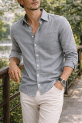 Callum | Men Linen Long Sleeve Shirt — Gray, image 2