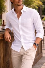 Callum | Men Linen Long Sleeve Shirt — White, image 3