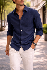Callum | Men Linen Long Sleeve Shirt — Navy, image 4