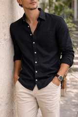 Callum | Men Linen Long Sleeve Shirt — Black, image 5