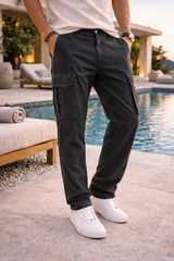 Callum | Men’s Cotton Twill Cargo Trousers with Utility Pockets — Black, image 2