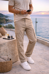 Callum | Men’s Cotton Twill Cargo Trousers with Utility Pockets — Beige, image 3