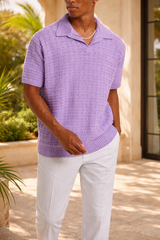 Cecil | Men’s Textured Knit Open Collar Polo Shirt Short Sleeve Relaxed Fit — Purple, image 1